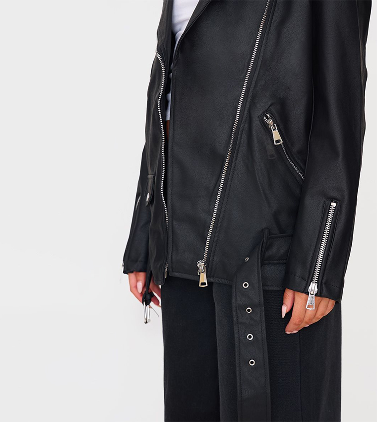 Faux Leather Belted Biker Jacket