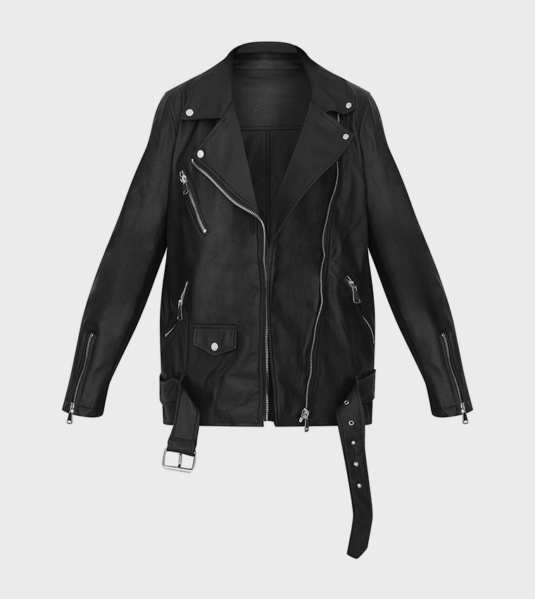 Faux Leather Belted Biker Jacket