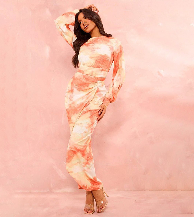 Buy PrettyLittleThing Watercolour Print Tassel Tie Wrap Maxi Dress In  Orange | 6thStreet Kuwait