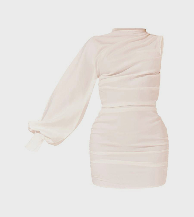 One Sleeves Ruched Bodycon Mini Dress