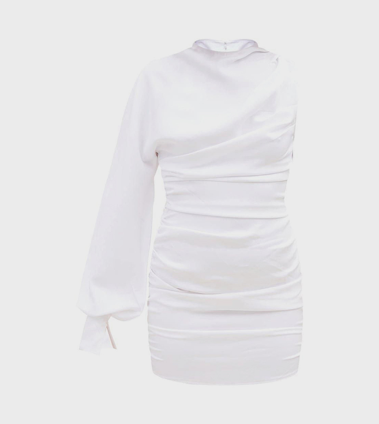 One Sleeves Ruched Bodycon Mini Dress