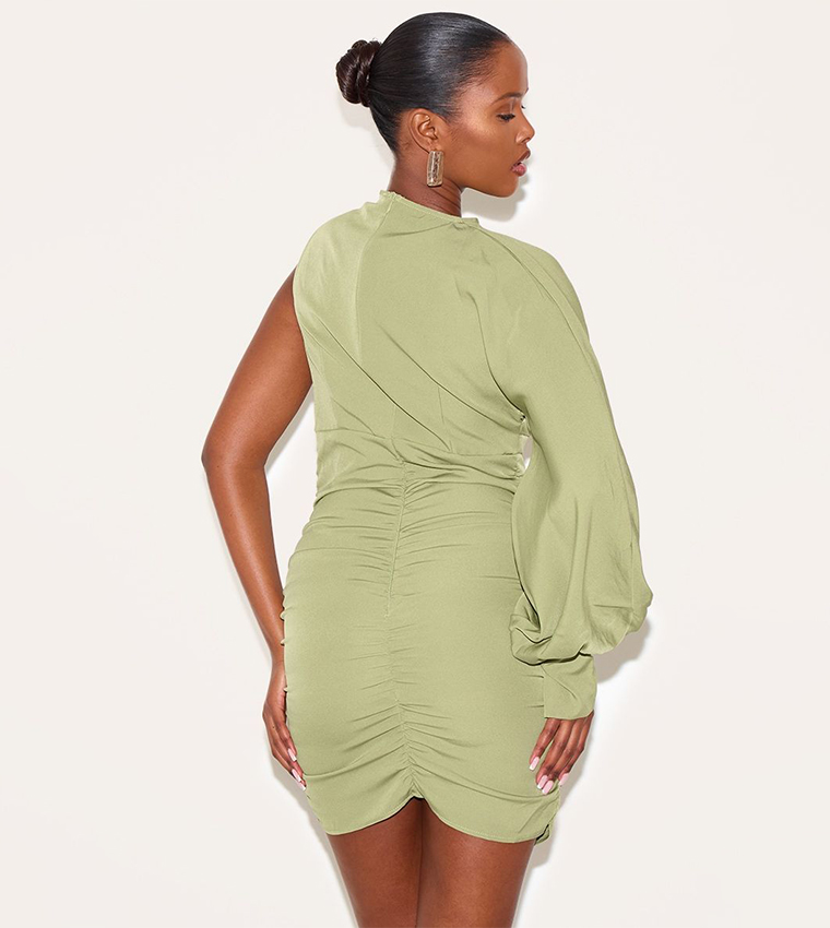 One Sleeves Ruched Bodycon Mini Dress