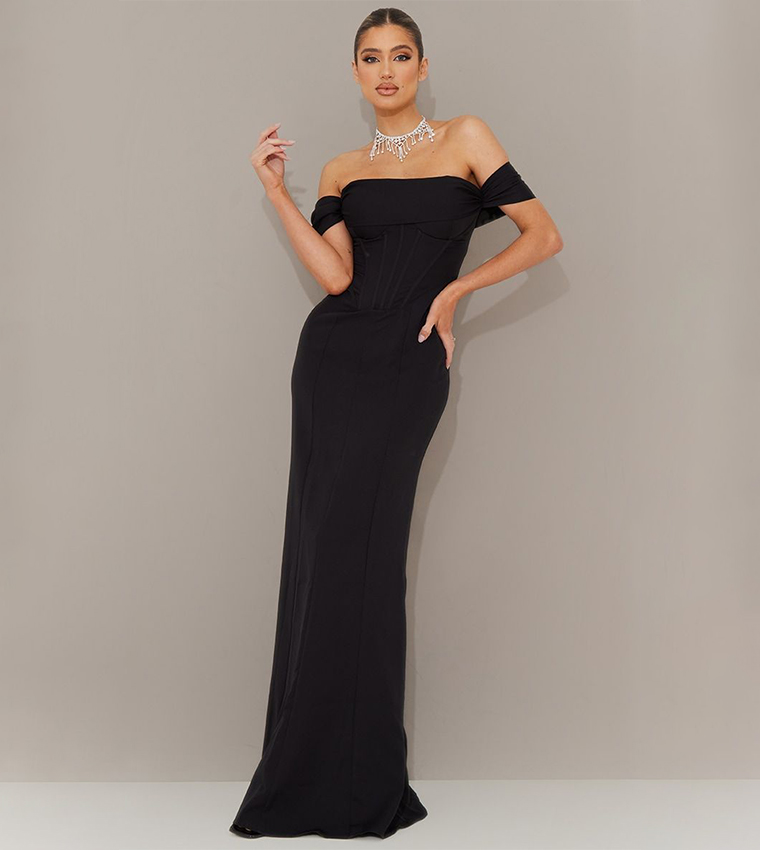 black corset detail bardot bridesmaid dress Law of Attraction