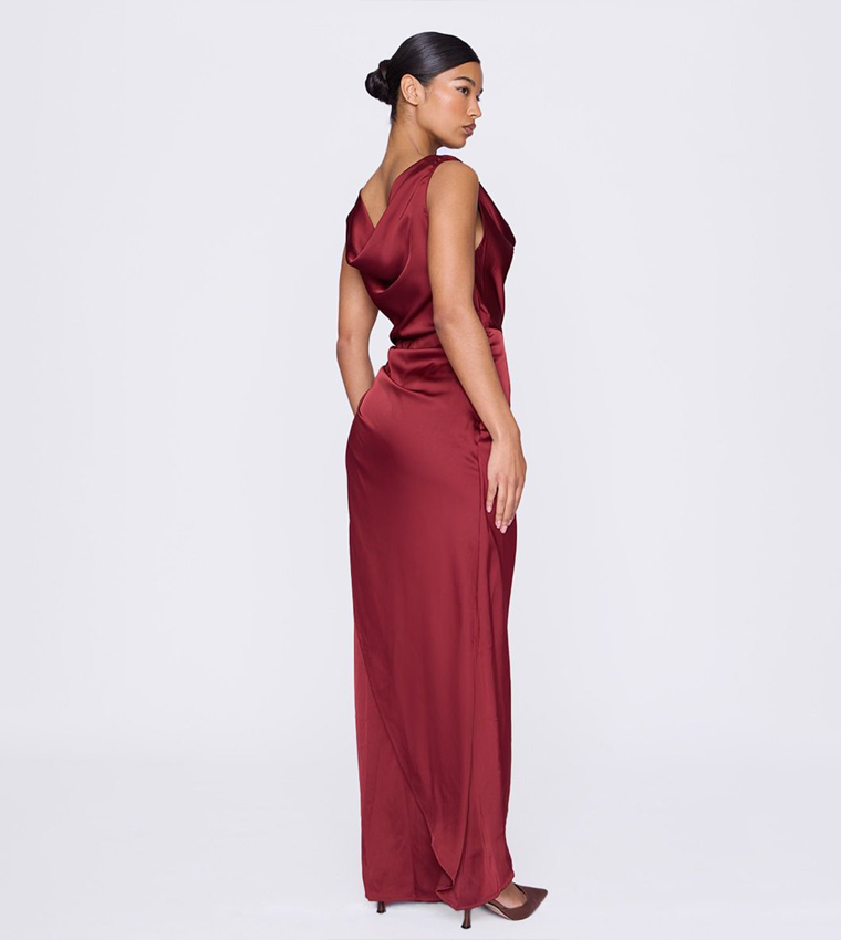 Satin Cowl Neck Draped Maxi Dress
