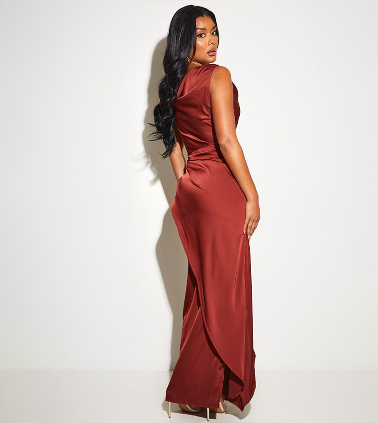 Satin Cowl Neck Draped Maxi Dress