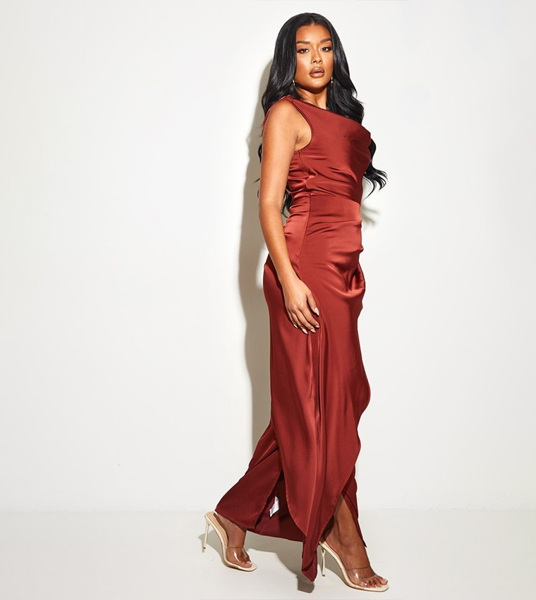 Satin Cowl Neck Draped Maxi Dress