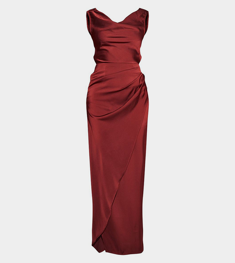 Satin Cowl Neck Draped Maxi Dress