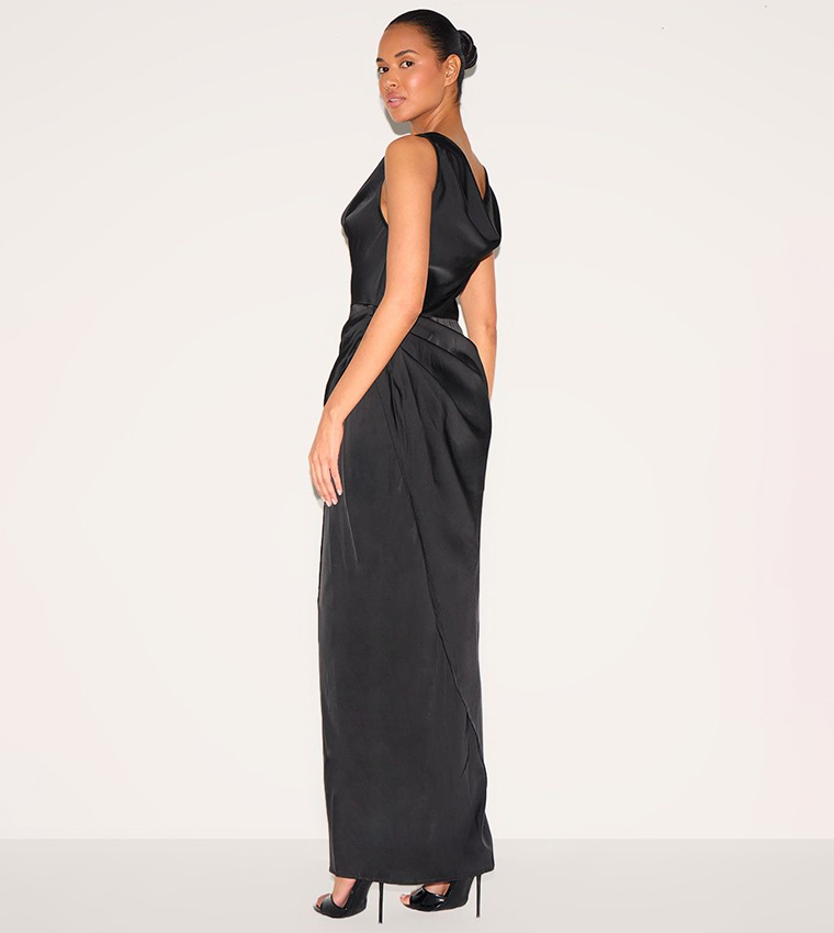 Satin Cowl Neck Draped Maxi Dress