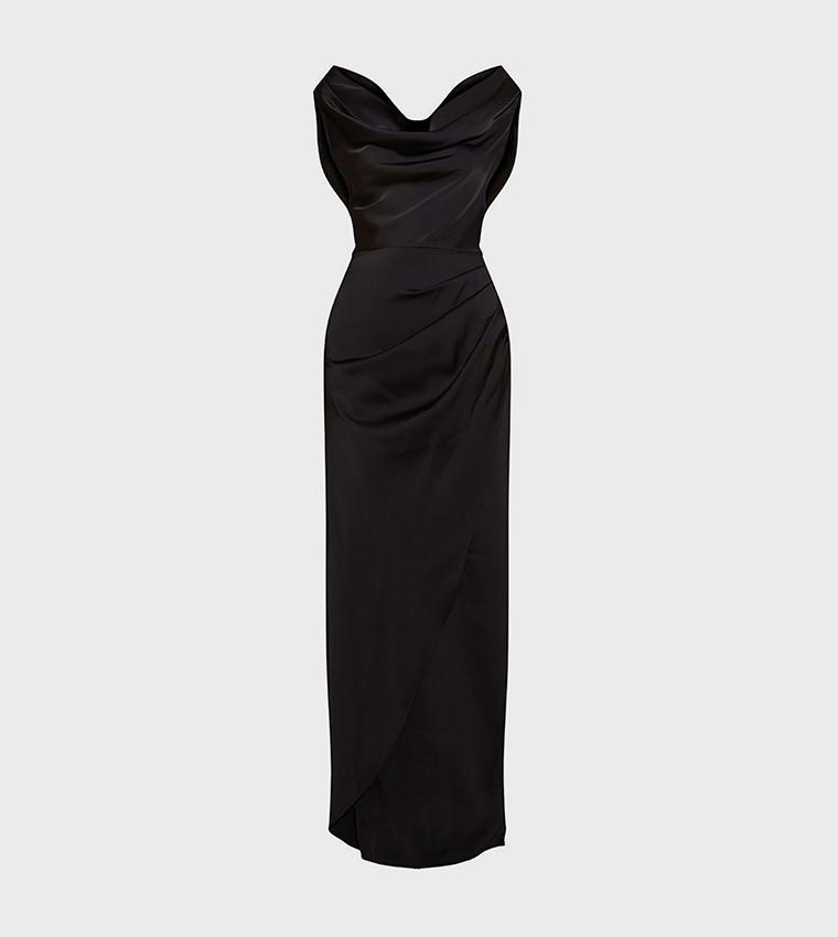 Satin Cowl Neck Draped Maxi Dress