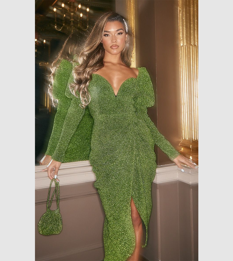 green glitter plisse puff sleeve v bar draped midi dress Shop Green Glitter Plisse Puff Sleeve V Bar Draped Midi Dress Online in Oman