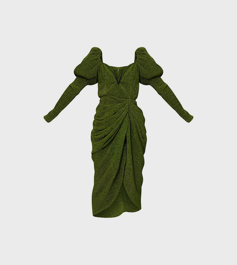 green glitter plisse puff sleeve v bar draped midi dress Buy PrettyLittleThing Glitter Plisse Puff Sleeves V Bar Draped Midi Dress  In Green