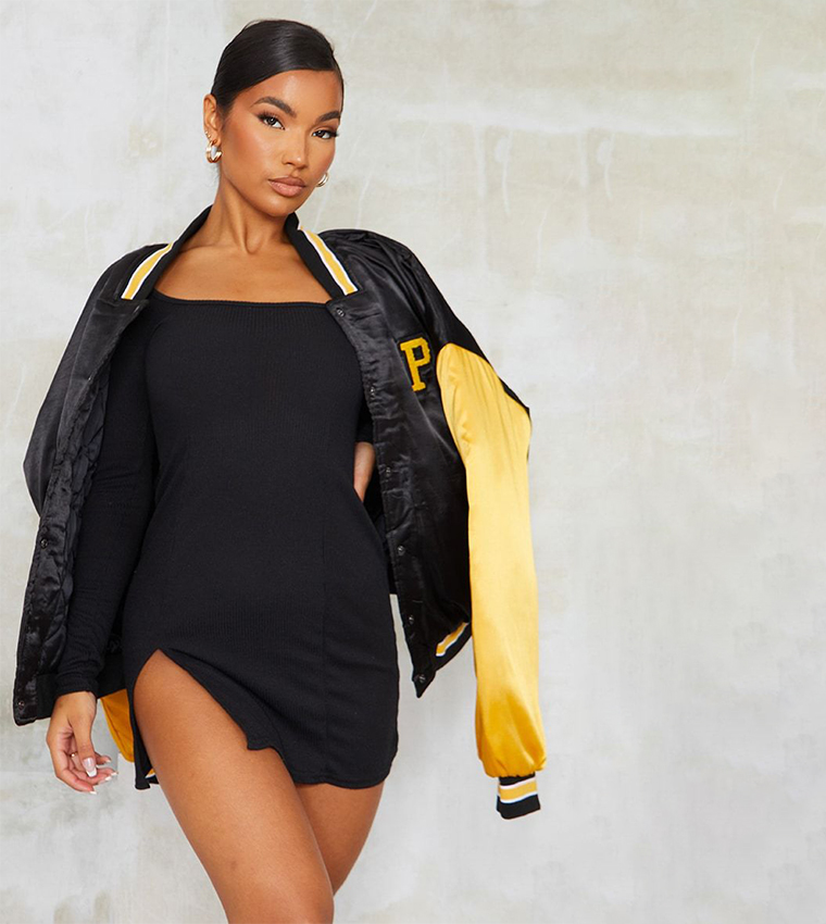 Ribbed Split Hem Long Sleeves Bodycon Mini Dress