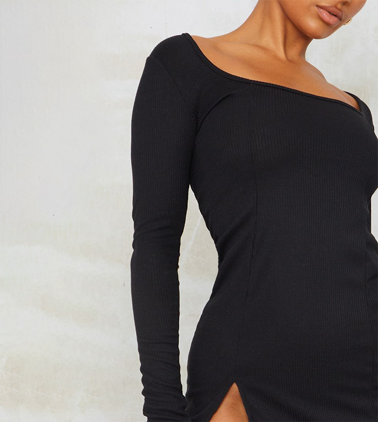 Ribbed Split Hem Long Sleeves Bodycon Mini Dress