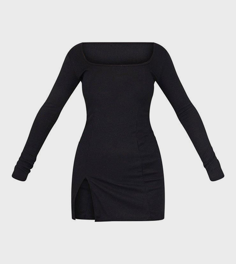 Ribbed Split Hem Long Sleeves Bodycon Mini Dress