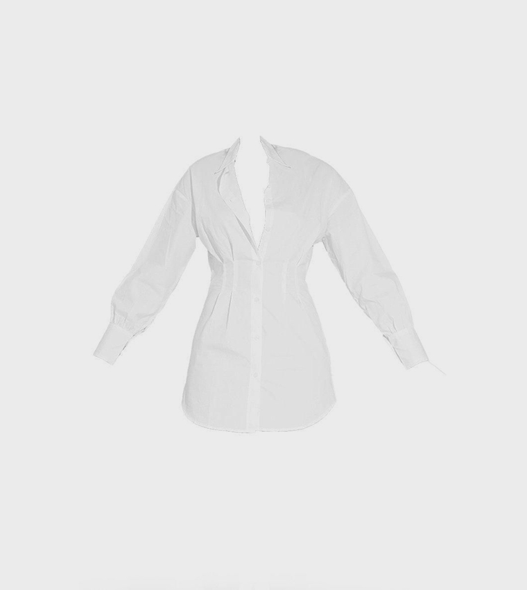 pretty little thing white shirt dress PrettyLittleThing Women's Petite Pinstripe Seersucker Cinched Waist Shirt Dress in Cream