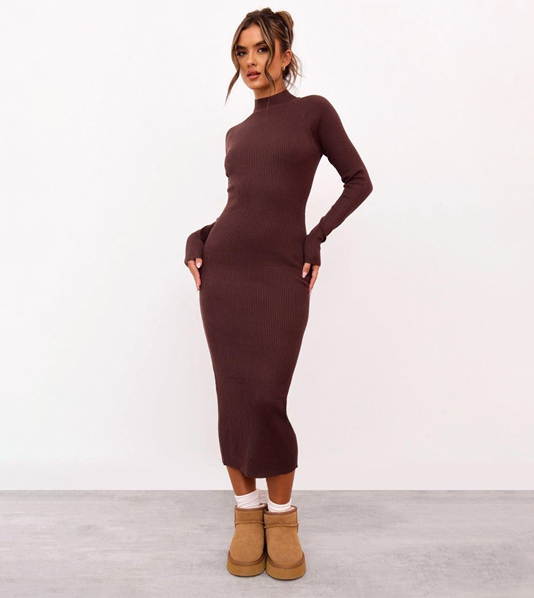 Buy PrettyLittleThing Long Sleeves Bodycon Midi Dress In Brown | 6thStreet  Bahrain