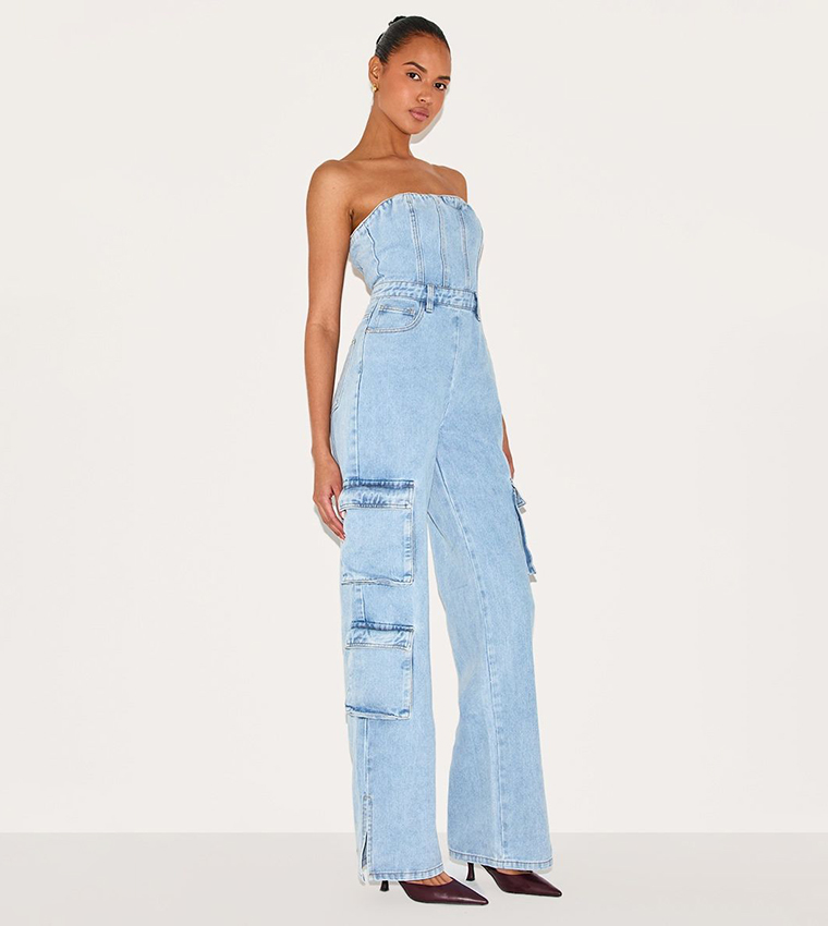 Washed Cargo Pocket Bandeau Denim Jumpsuit
