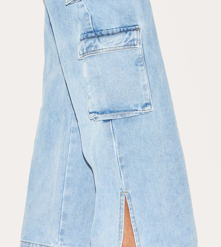 Washed Cargo Pocket Bandeau Denim Jumpsuit