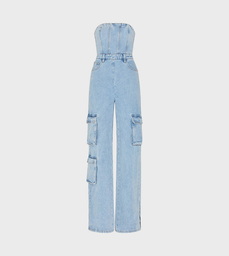 Washed Cargo Pocket Bandeau Denim Jumpsuit