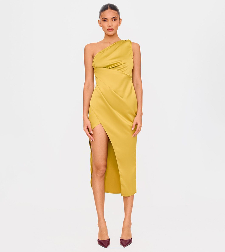 Satin One Shoulder Pleat Detail Midi Dress