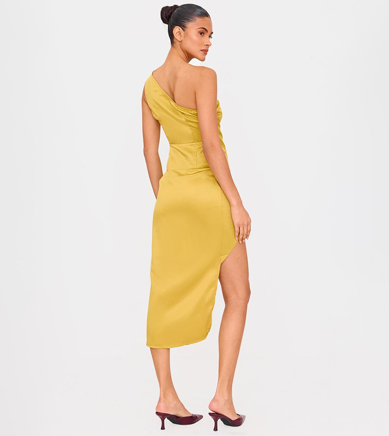 Satin One Shoulder Pleat Detail Midi Dress