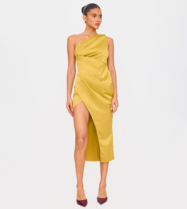 Satin One Shoulder Pleat Detail Midi Dress