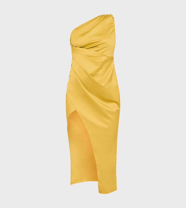 Satin One Shoulder Pleat Detail Midi Dress