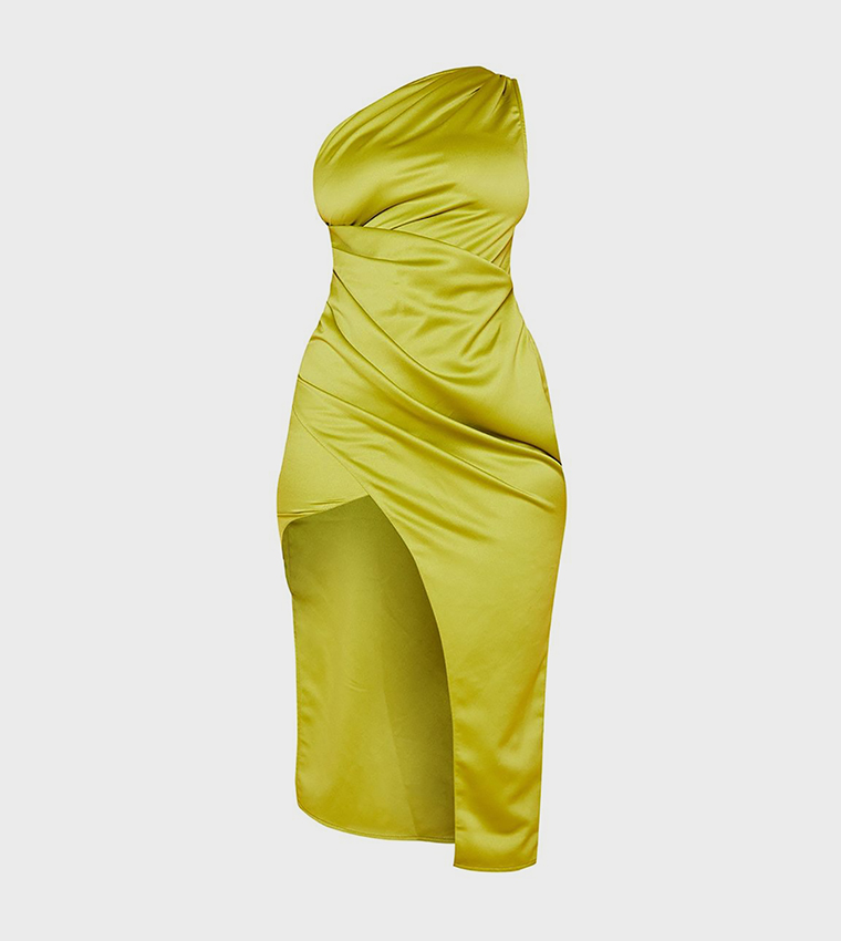 Satin One Shoulder Pleat Detail Midi Dress