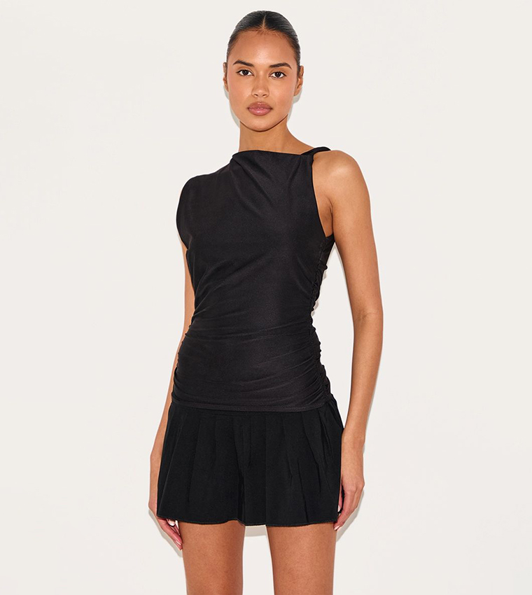 Stretch Woven Low Rise Pleated Micro Mini Skirt