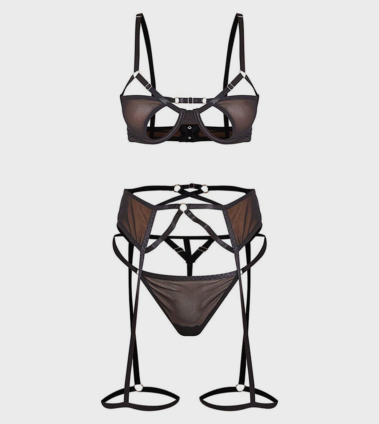 3 Piece Mesh Strapping Detail Lingerie Set
