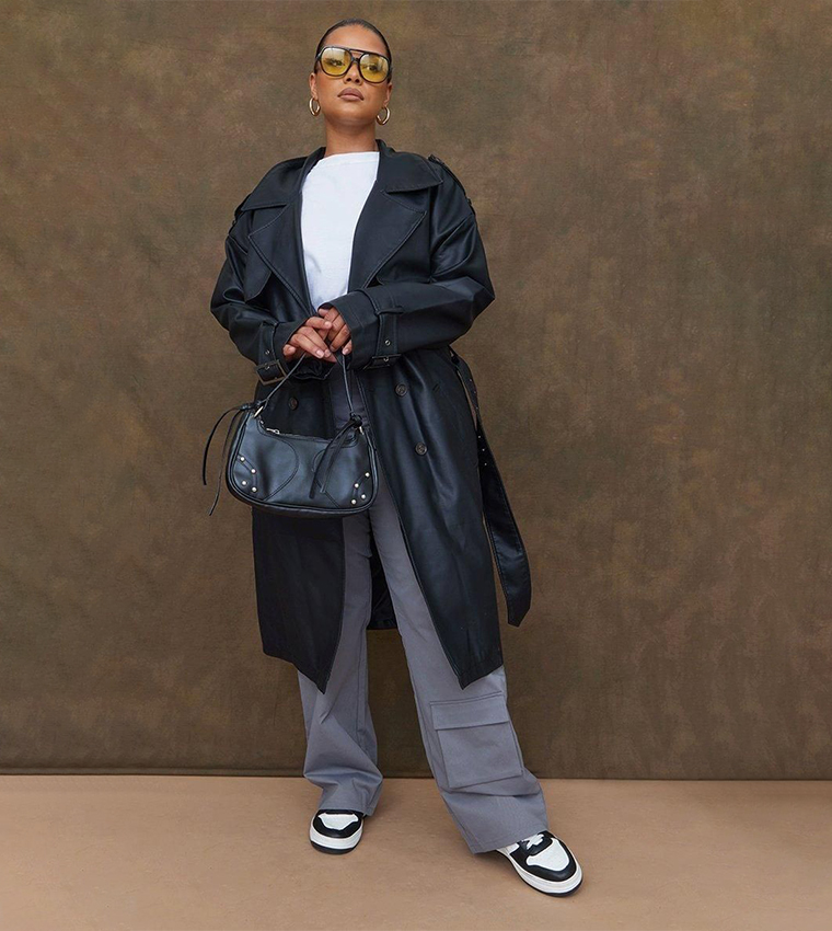 Buy PrettyLittleThing Curve Faux Leather Statement Buckle Trench