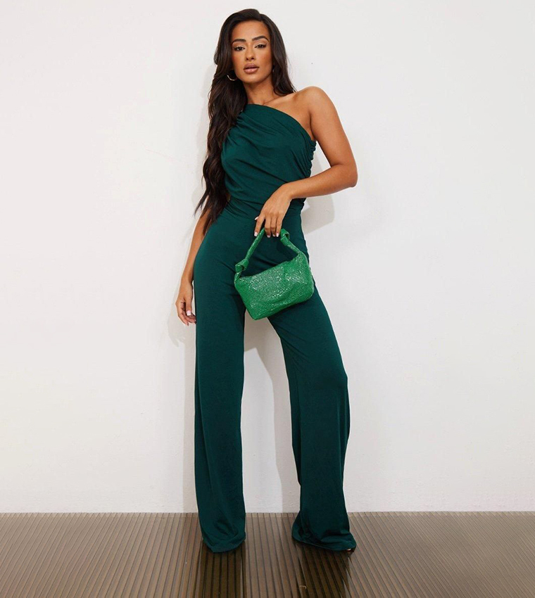 Buy PrettyLittleThing Petite One Shoulder Ruched Wide Leg Jumpsuit