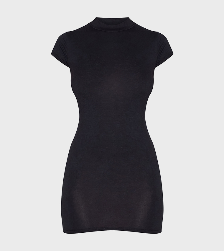 Jersey High Neck Cap Sleeves Bodycon Mini Dress