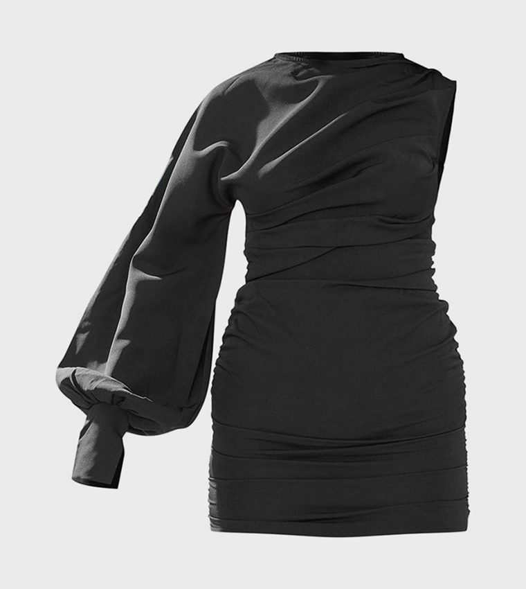 One Sleeves Ruched Bodycon Mini Dress