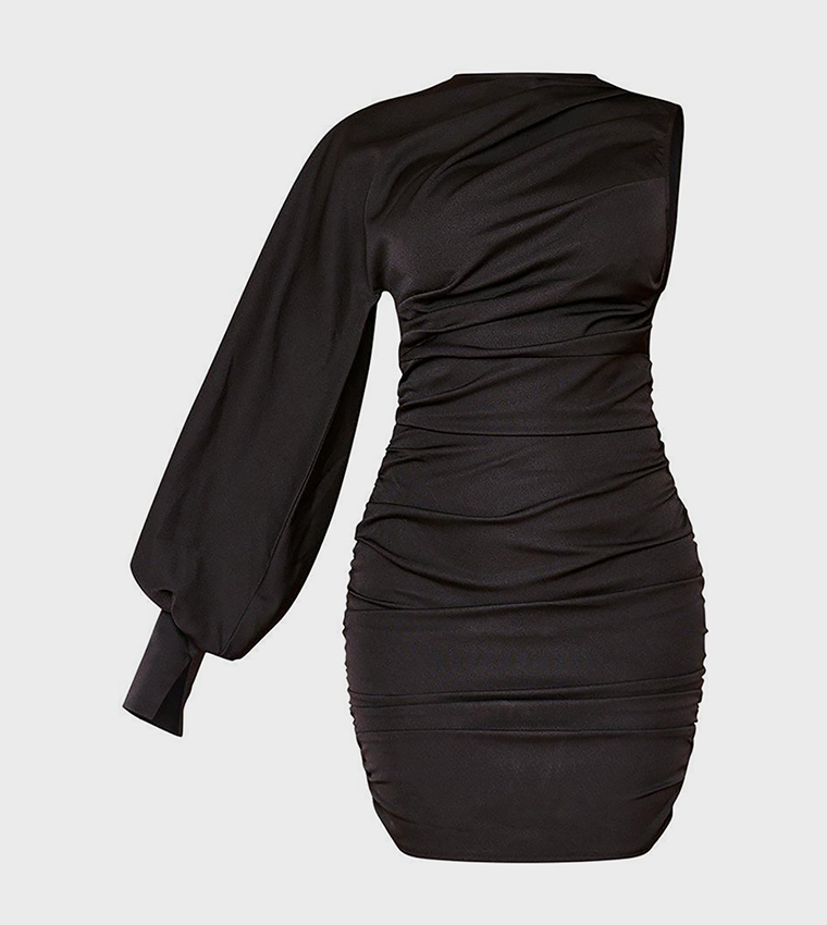 One Sleeves Ruched Bodycon Mini Dress