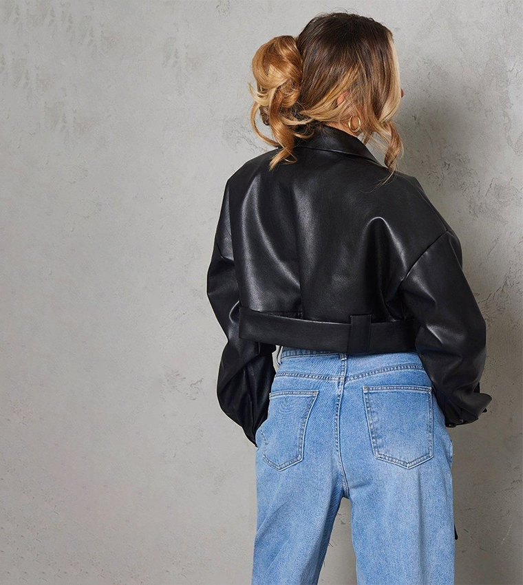 Belted Hem Crop Oversized Biker Jacket