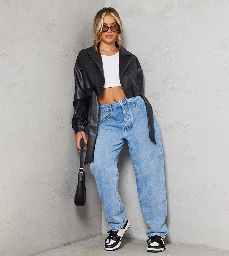 Belted Hem Crop Oversized Biker Jacket