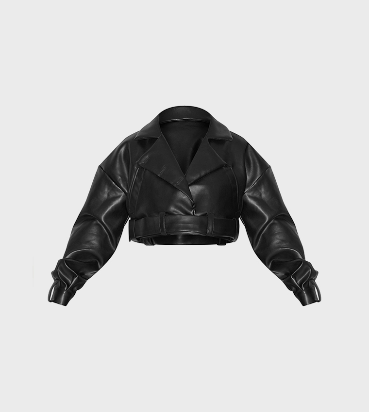 Belted Hem Crop Oversized Biker Jacket