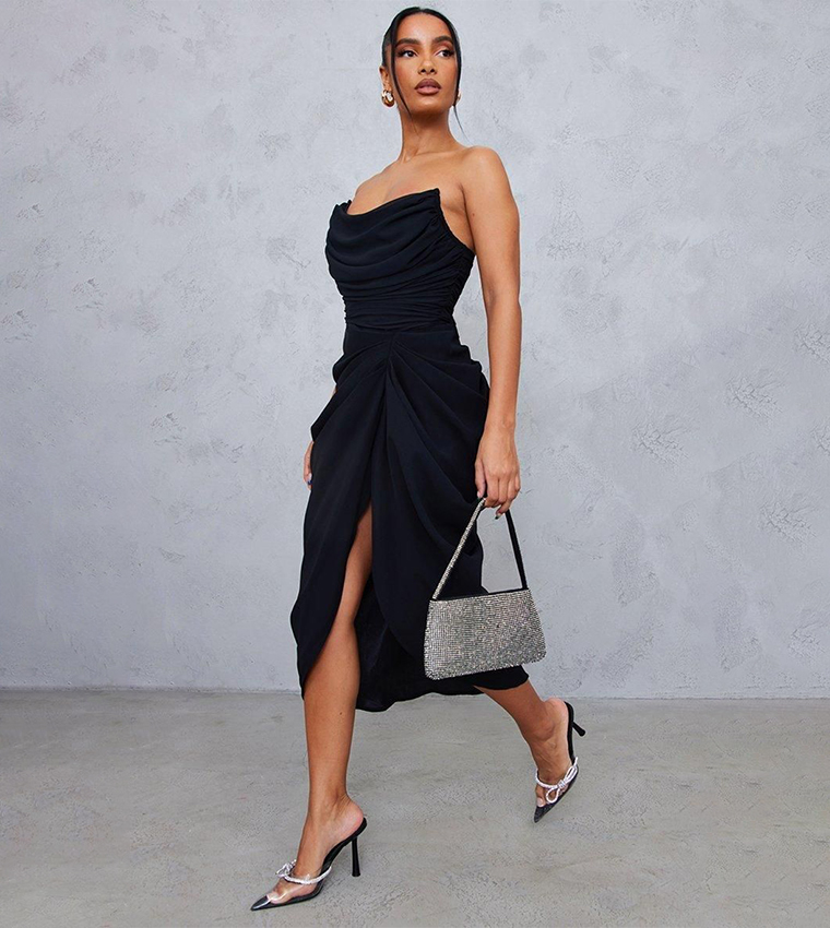 Buy PrettyLittleThing Chiffon Corset Strapless Draped Midi Dress In Black |  6thStreet Oman