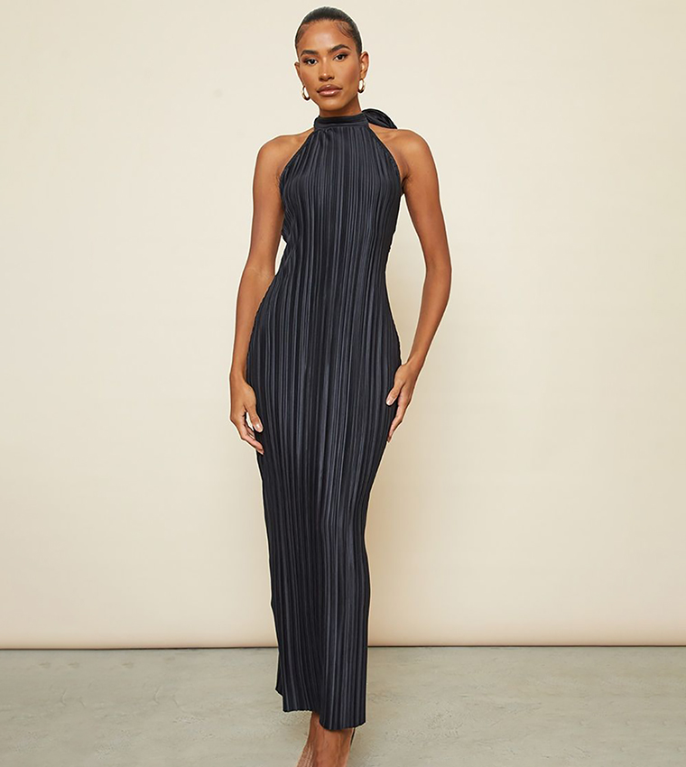 Plisse High Neck Low Back Maxi Dress