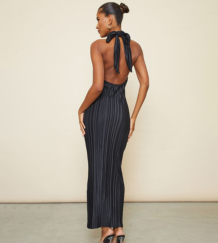 Plisse High Neck Low Back Maxi Dress