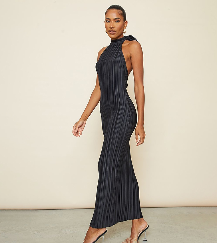 Plisse High Neck Low Back Maxi Dress