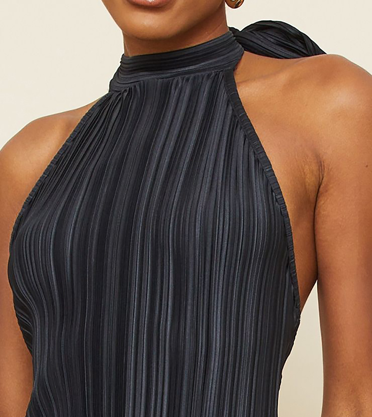 Plisse High Neck Low Back Maxi Dress