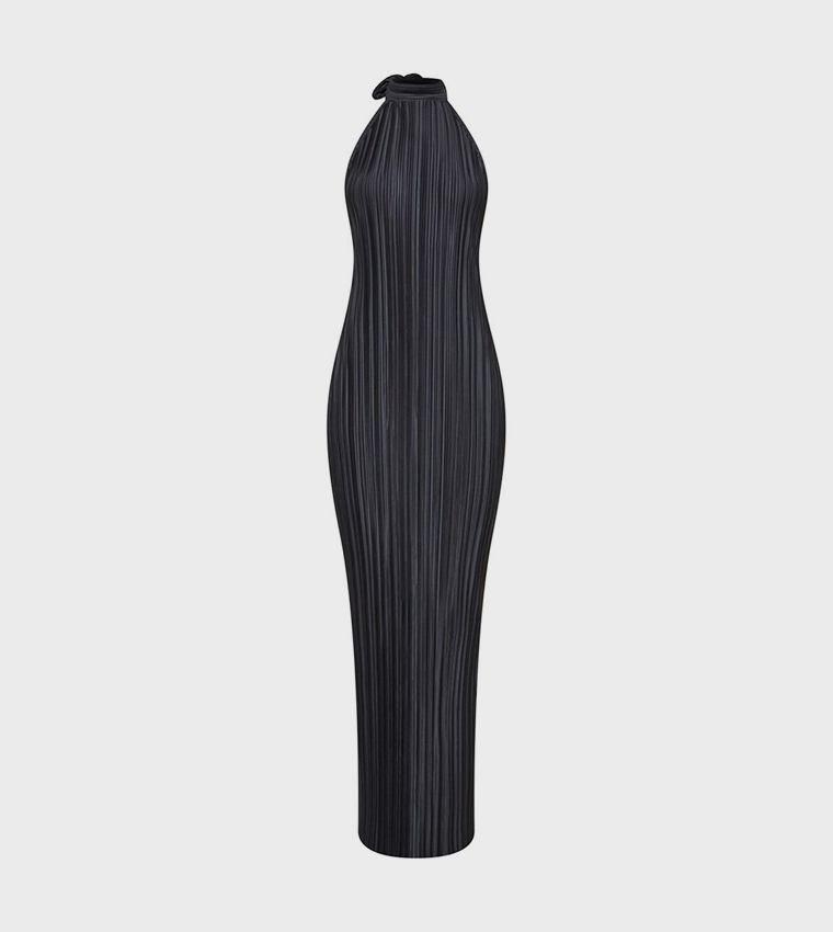 Plisse High Neck Low Back Maxi Dress