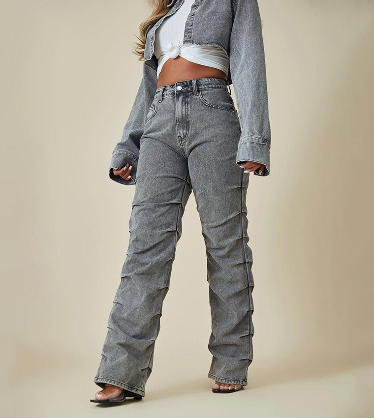 Washed Ruched Straight Fit Jeans