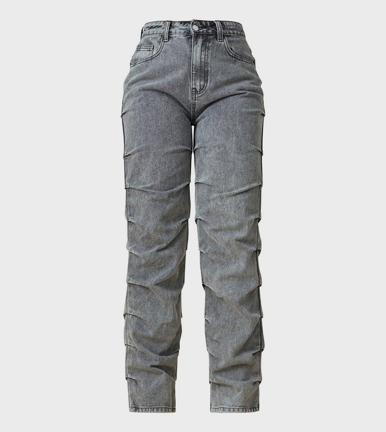 Washed Ruched Straight Fit Jeans