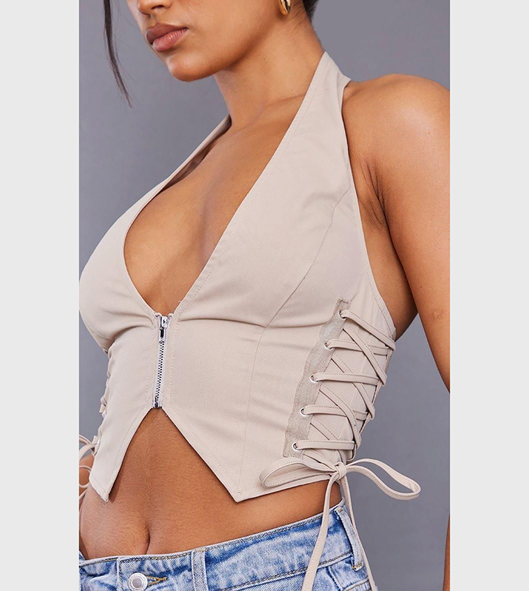Lace Up Detail Zip Up Crop Vest Top