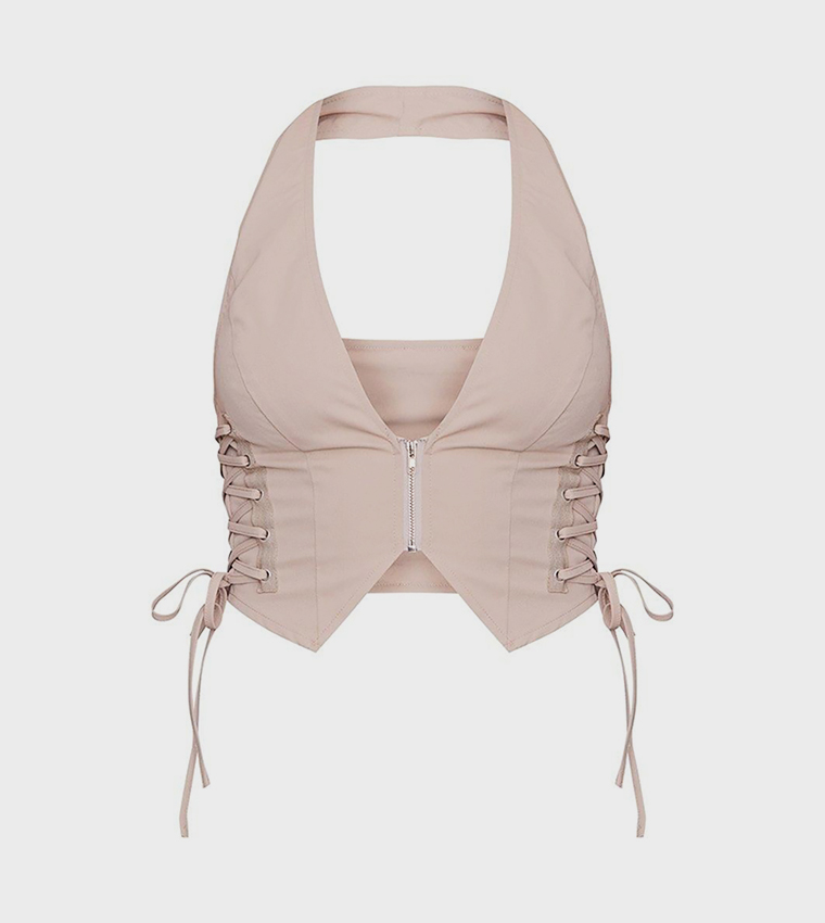 Lace Up Detail Zip Up Crop Vest Top