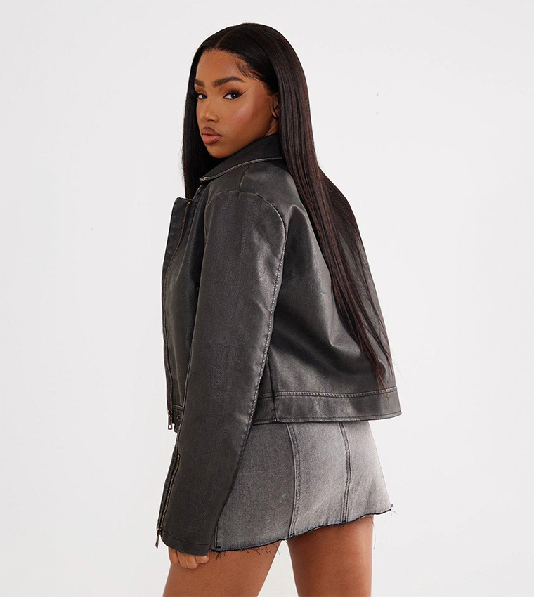 Distressed Look Faux Leather Boxy Fit Biker Jacket
