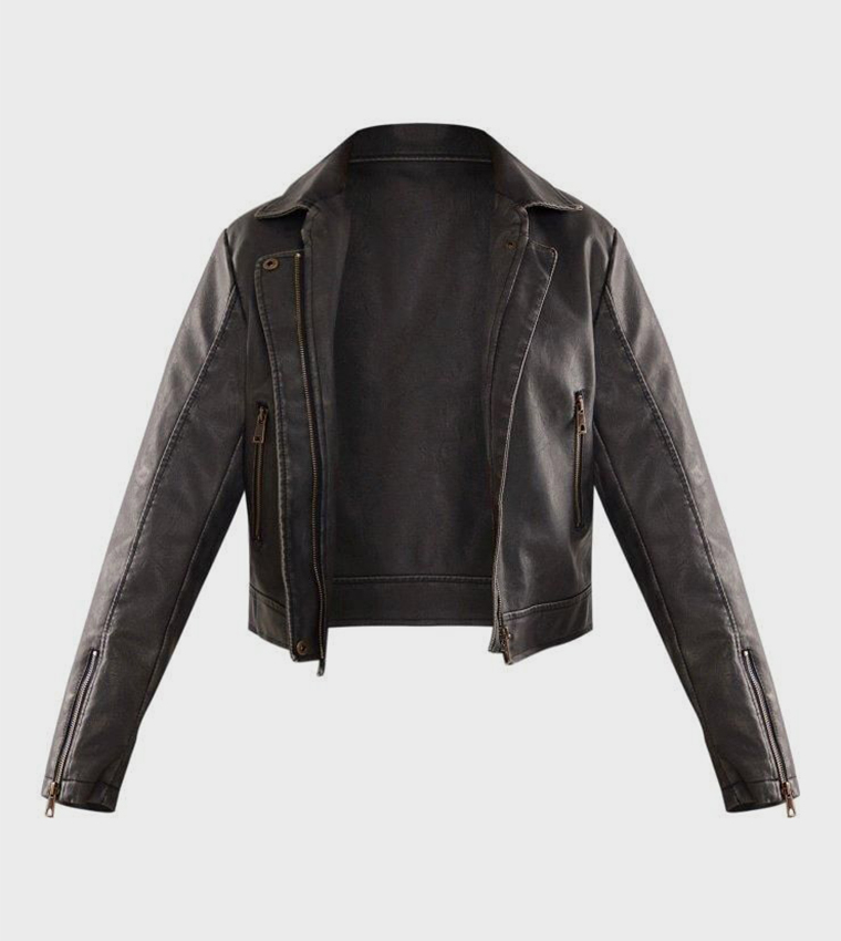 Distressed Look Faux Leather Boxy Fit Biker Jacket